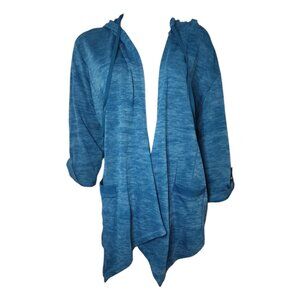 Sejour Cardigan Womens Plus Size 1X Solid Blue Hooded Half‎ Sleeve Pockets